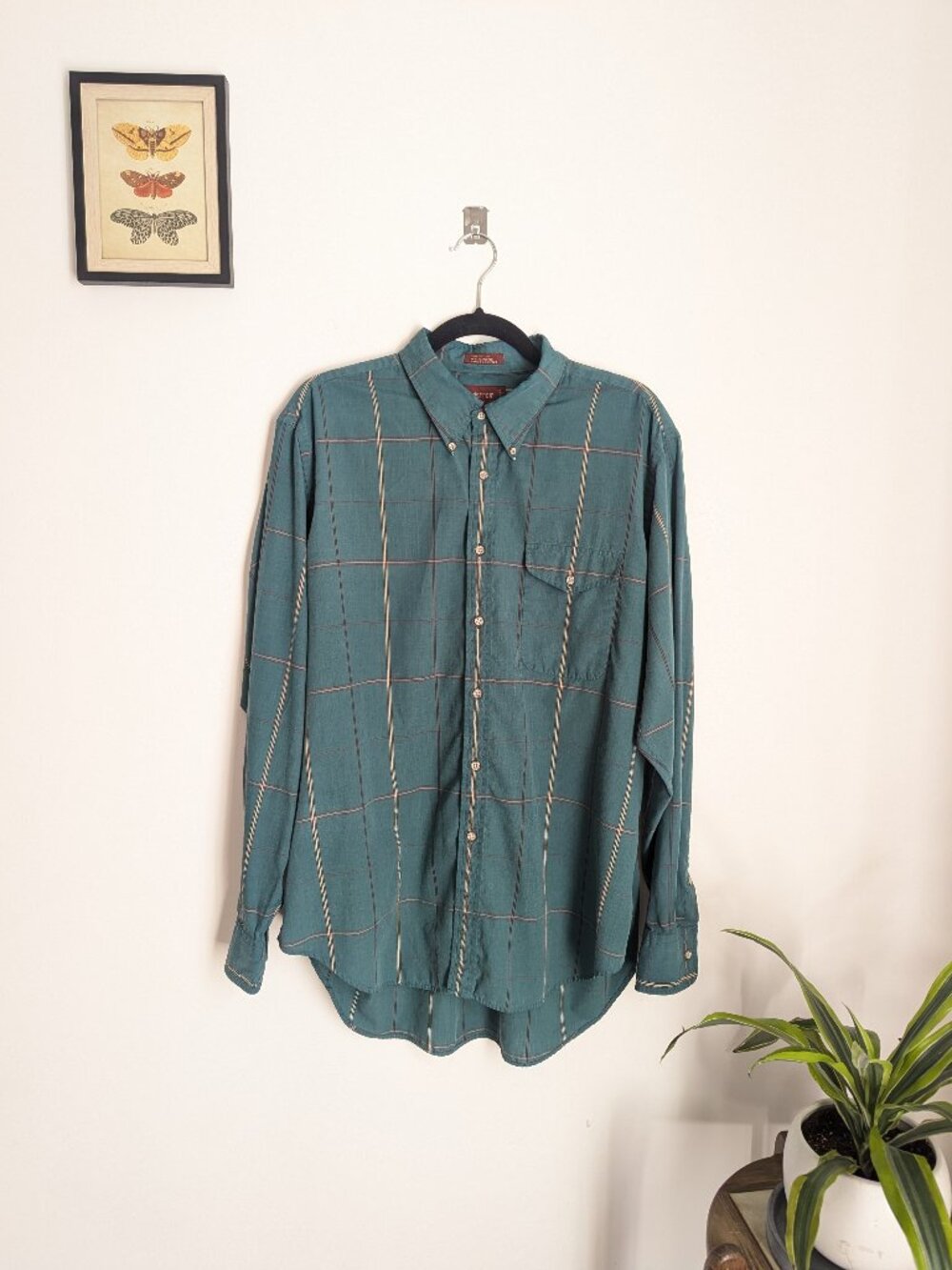 Vintage Nordstrom Plaid Button-Down Shirt Cotton Blend Teal Men's XL